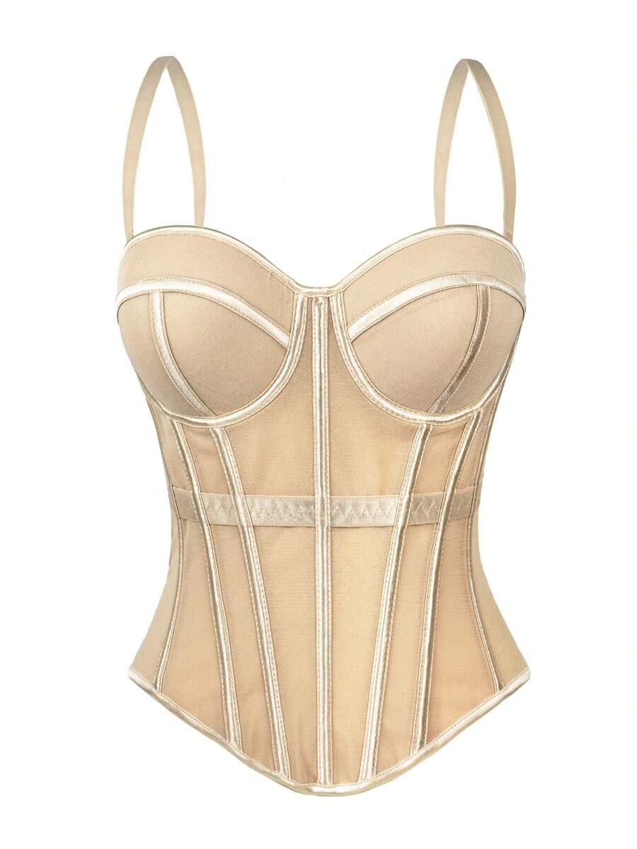 Women's brown backless corset camisole top featuring spaghetti straps, boned structure, and slim fit silhouette.