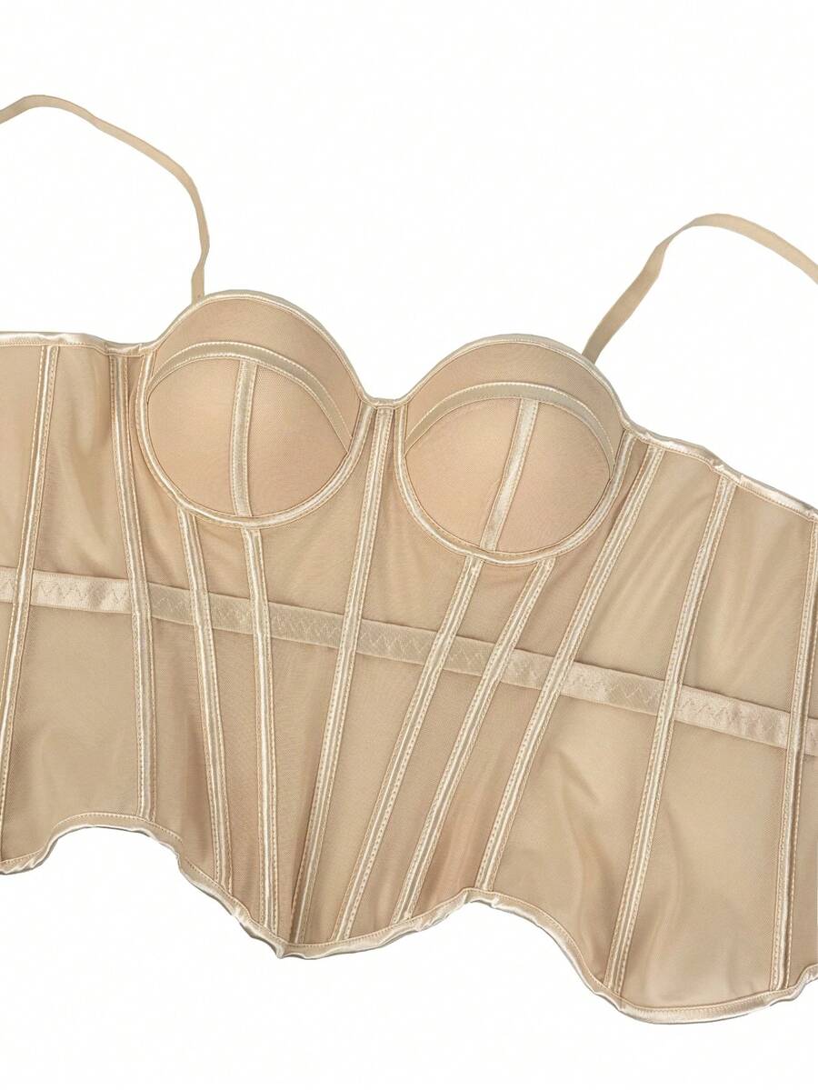 Women's brown backless corset camisole top featuring spaghetti straps, boned structure, and slim fit silhouette.