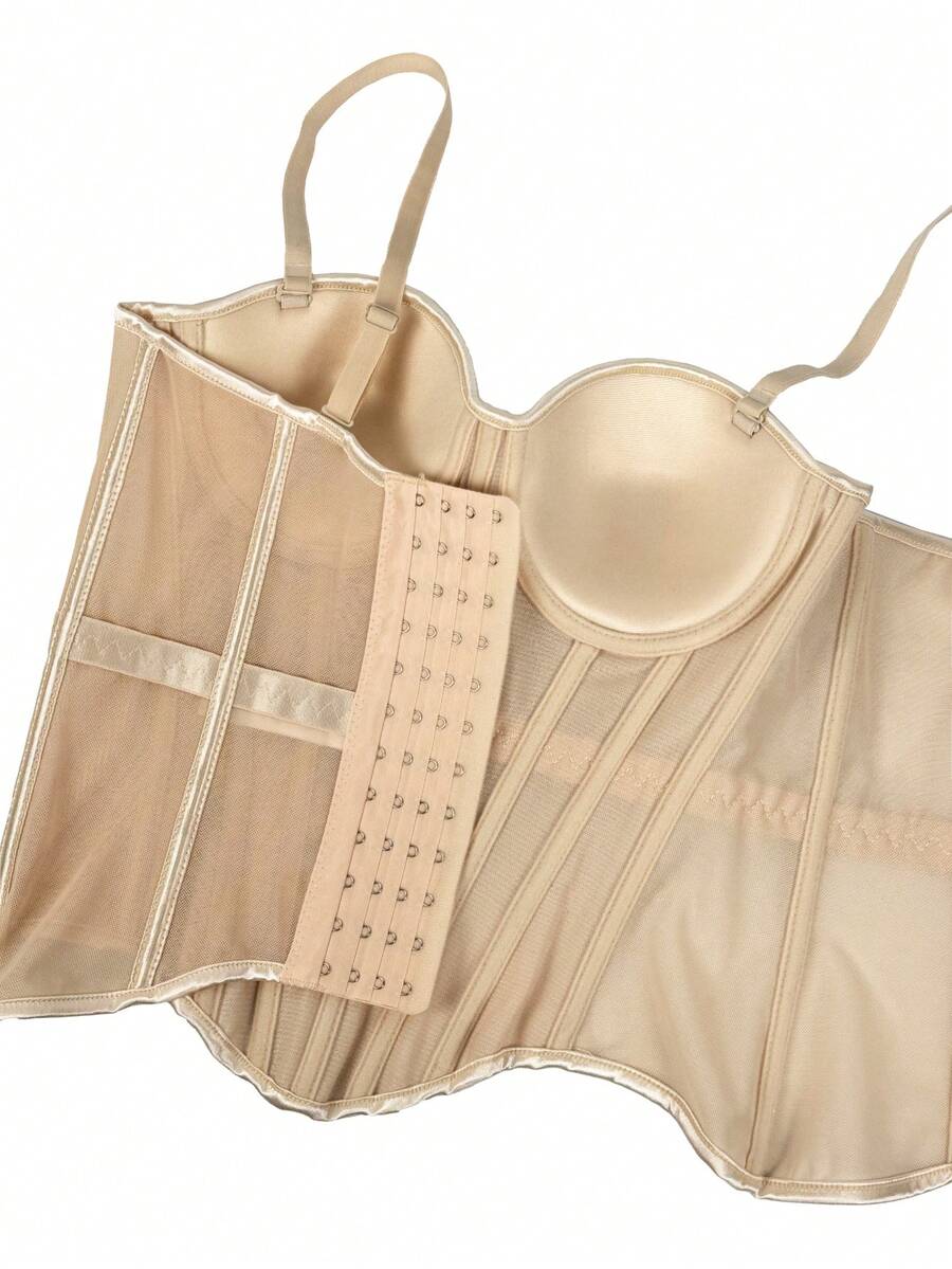 Women's brown backless corset camisole top featuring spaghetti straps, boned structure, and slim fit silhouette.