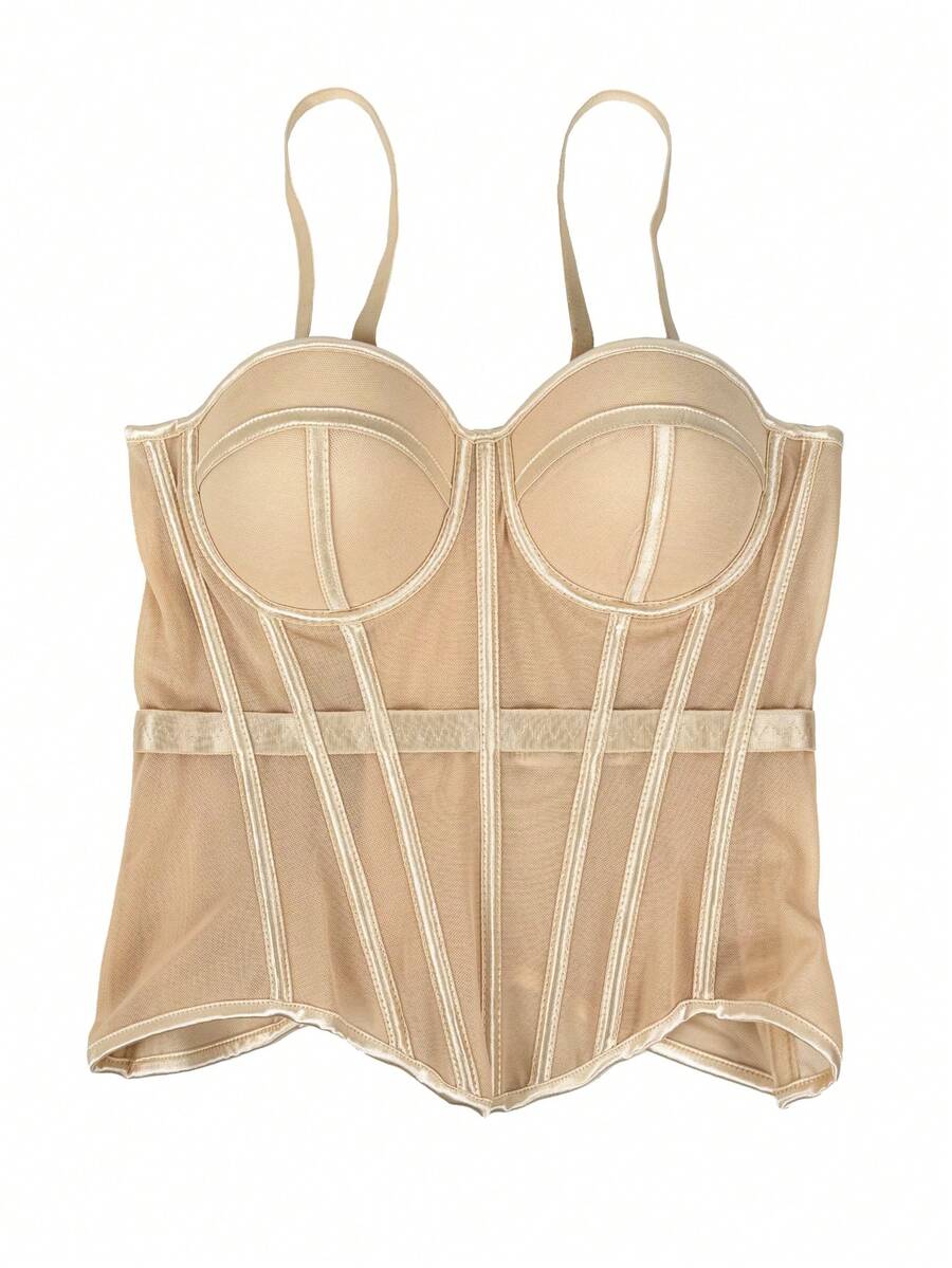 Women's brown backless corset camisole top featuring spaghetti straps, boned structure, and slim fit silhouette.