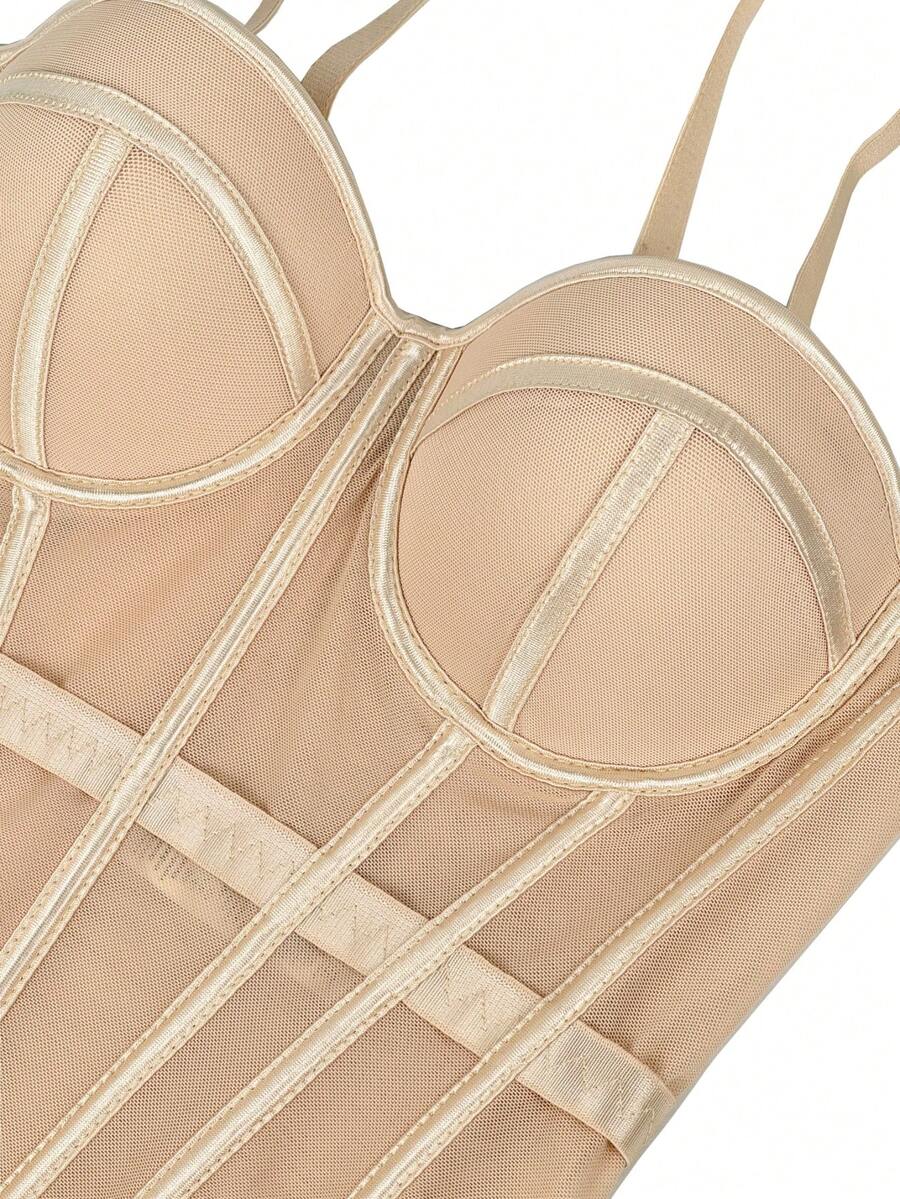 Women's brown backless corset camisole top featuring spaghetti straps, boned structure, and slim fit silhouette.