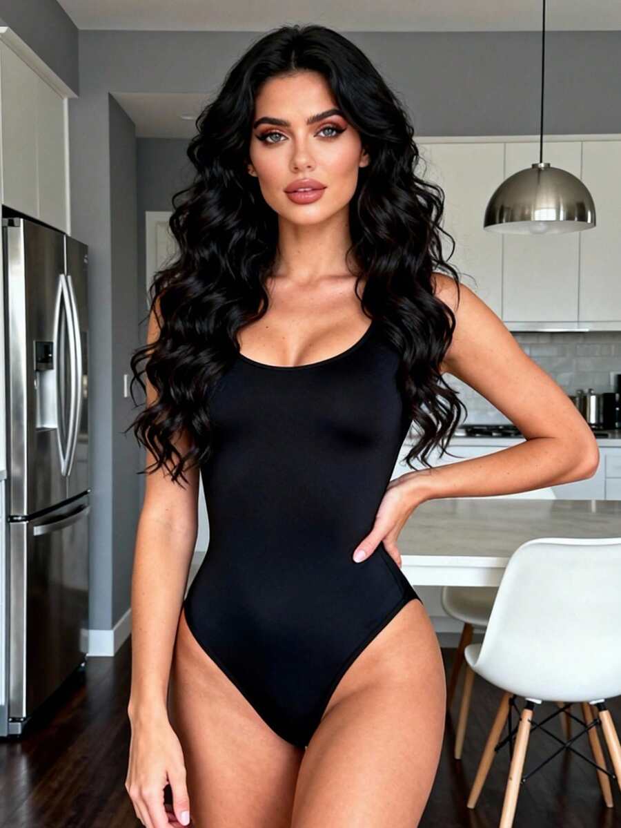 Brown seamless shapewear bodysuit featuring backless design, thong bottom, non-removable padding, and high-stretch fabric for tummy and waist control.
