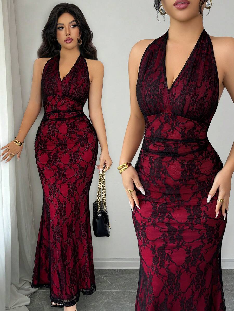 Women's long sleeve mermaid bodycon dress in high-stretch mesh fabric featuring a halter backless neckline, ruched high waist, and slim fit silhouette for formal evening wear.