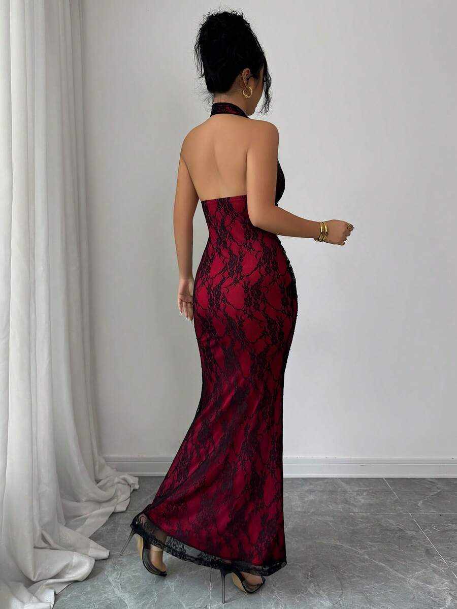 Women's long sleeve mermaid bodycon dress in high-stretch mesh fabric featuring a halter backless neckline, ruched high waist, and slim fit silhouette for formal evening wear.