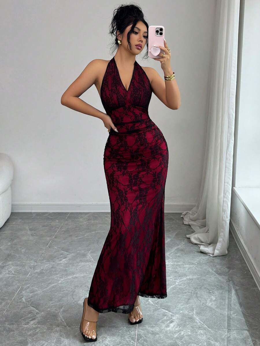 Women's long sleeve mermaid bodycon dress in high-stretch mesh fabric featuring a halter backless neckline, ruched high waist, and slim fit silhouette for formal evening wear.