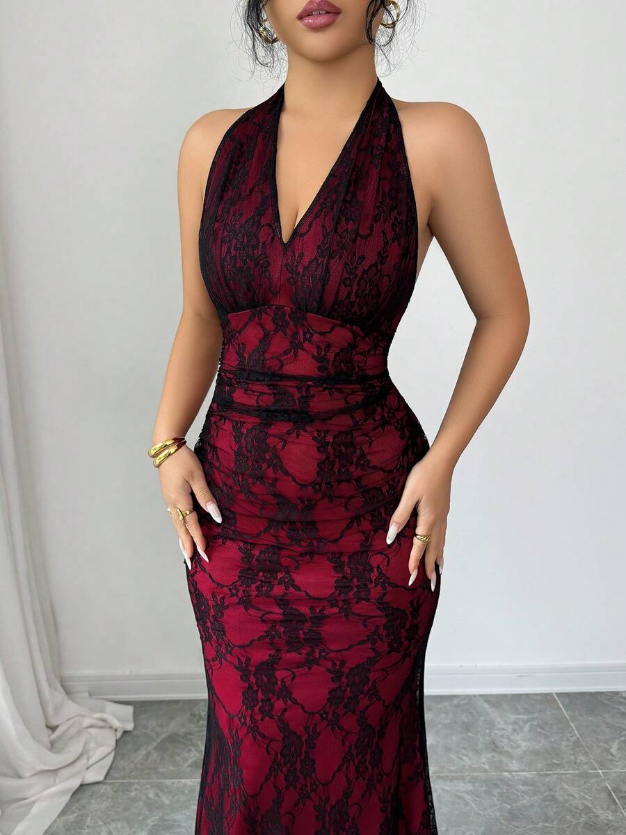 Women's long sleeve mermaid bodycon dress in high-stretch mesh fabric featuring a halter backless neckline, ruched high waist, and slim fit silhouette for formal evening wear.