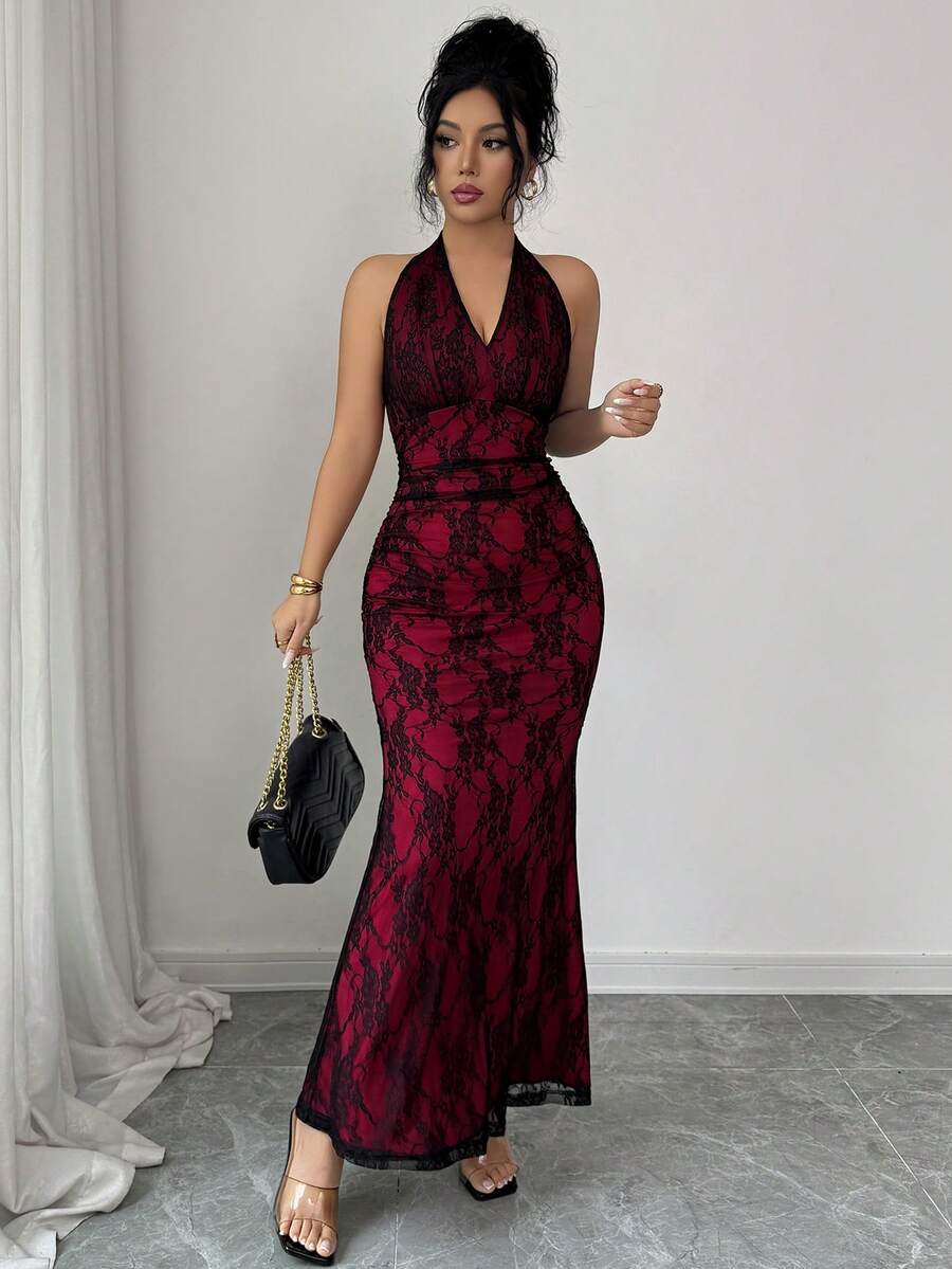 Women's long sleeve mermaid bodycon dress in high-stretch mesh fabric featuring a halter backless neckline, ruched high waist, and slim fit silhouette for formal evening wear.