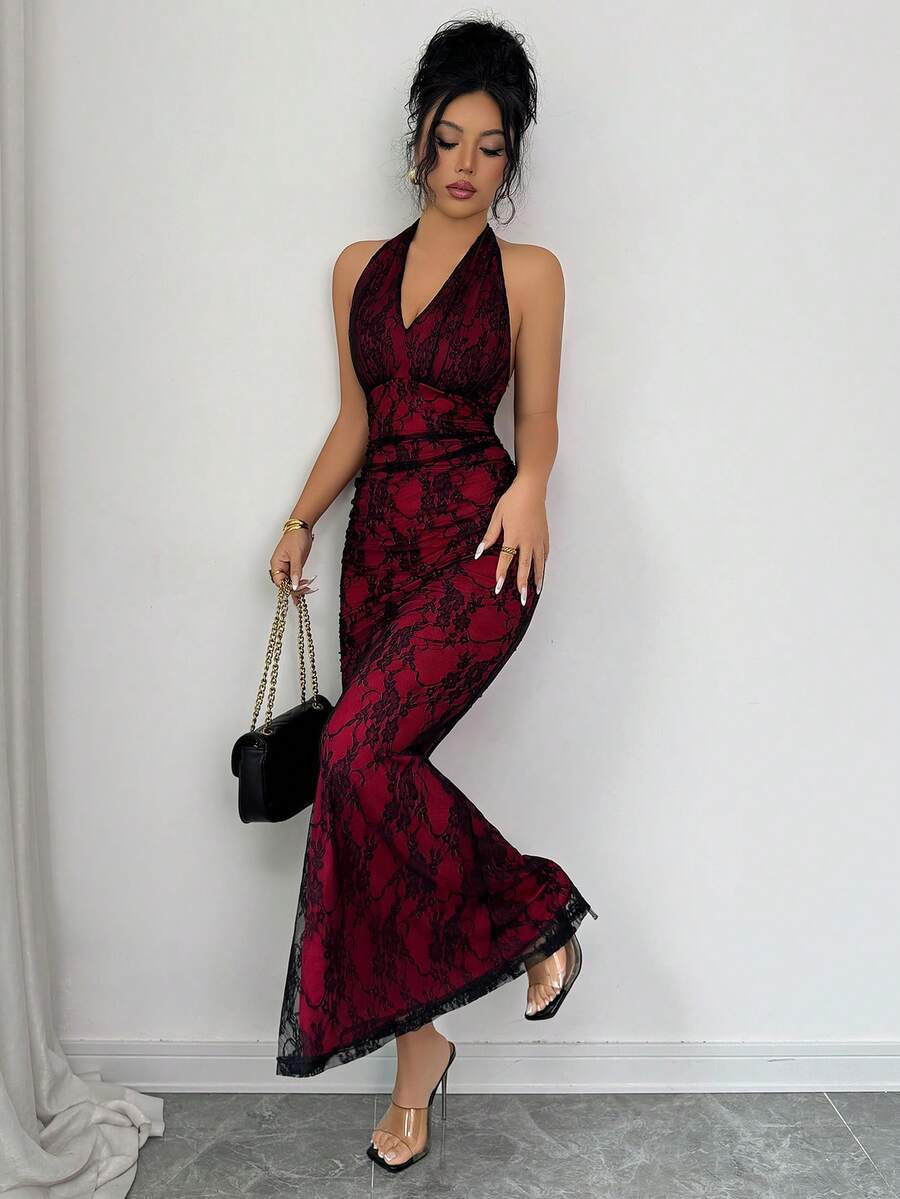 Women's long sleeve mermaid bodycon dress in high-stretch mesh fabric featuring a halter backless neckline, ruched high waist, and slim fit silhouette for formal evening wear.