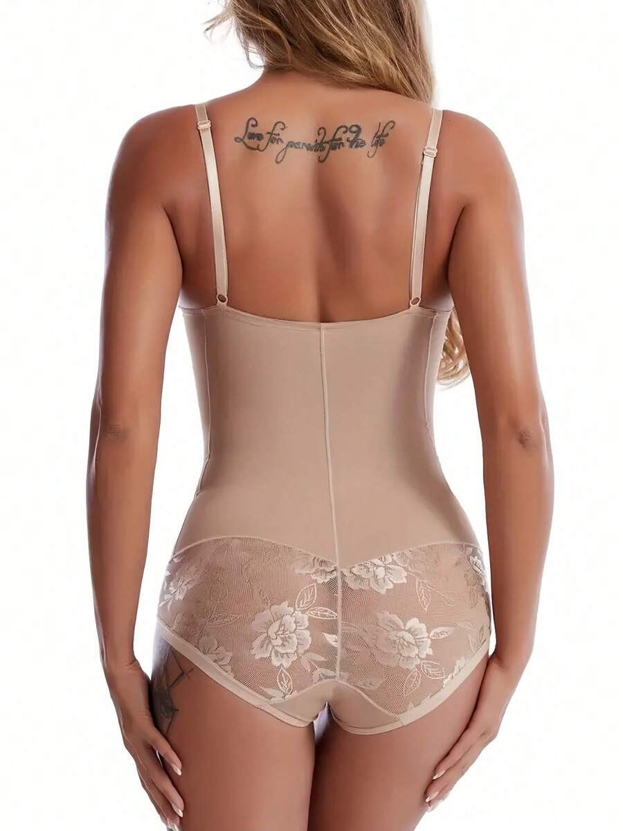 Women's lace shapewear bodysuit with tummy control, built-in bra cup pads, waist shaping, and three-row snap crotch in a bodycon fit.