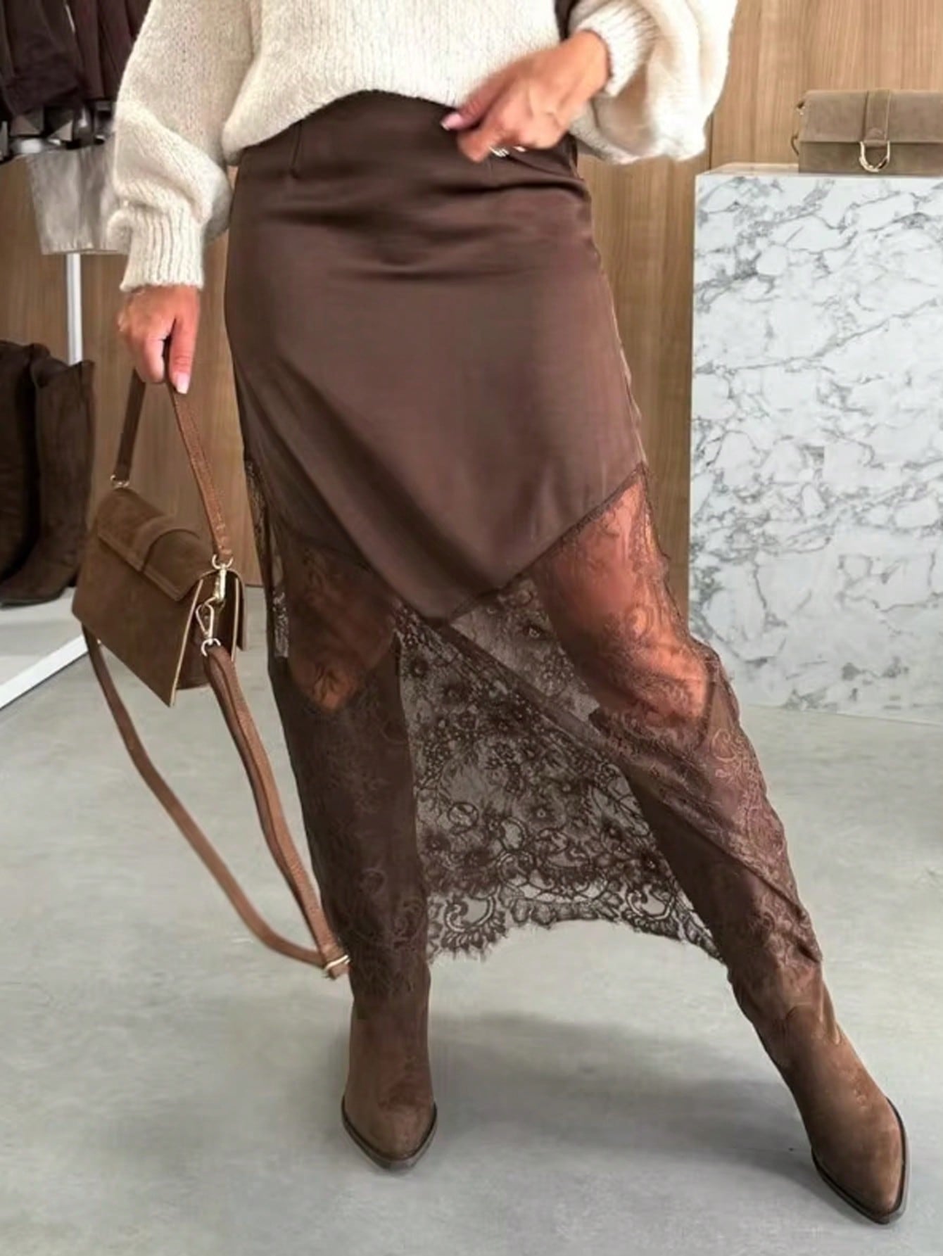 Women's army green lace patchwork maxi skirt with asymmetrical slit, low waist design, and semi-sheer mesh rib-knit details.