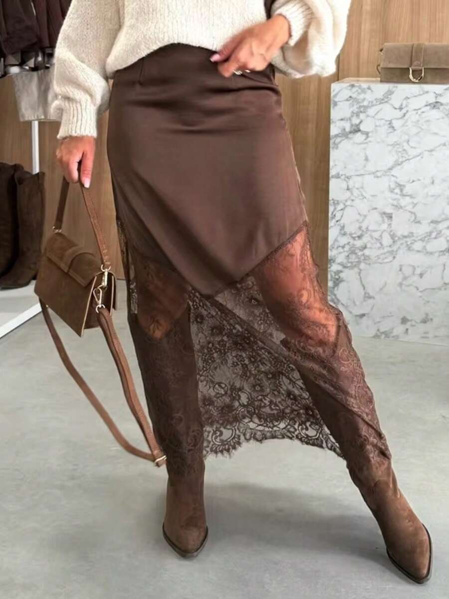Women's army green lace patchwork maxi skirt with asymmetrical slit, low waist design, and semi-sheer mesh rib-knit details.