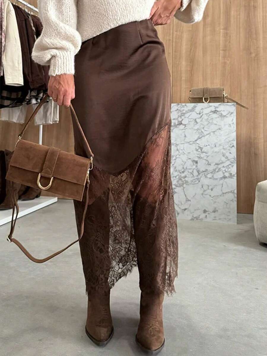 Women's army green lace patchwork maxi skirt with asymmetrical slit, low waist design, and semi-sheer mesh rib-knit details.