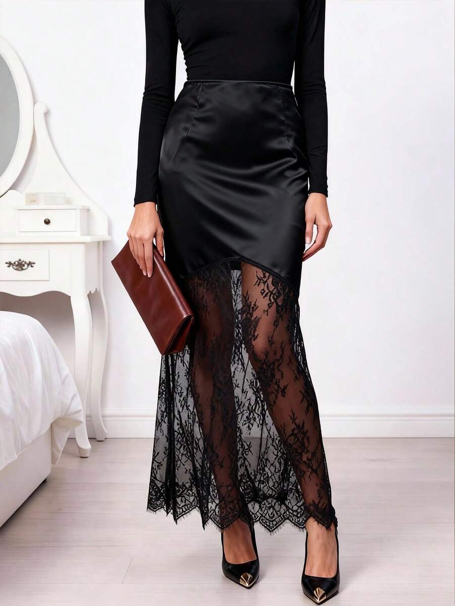 Women's black satin mermaid maxi skirt featuring elegant contrast lace details and zipper closure.