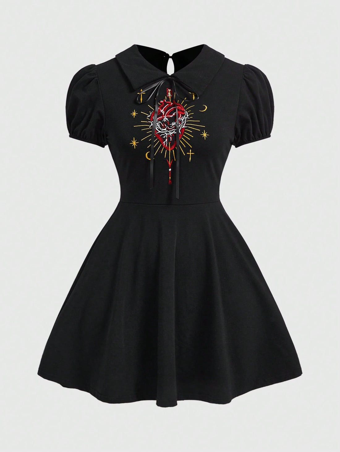 Black gothic mini dress for women with red heart embroidery pattern, short puff sleeves, collar neckline, and a fit and flare high-waist silhouette.
