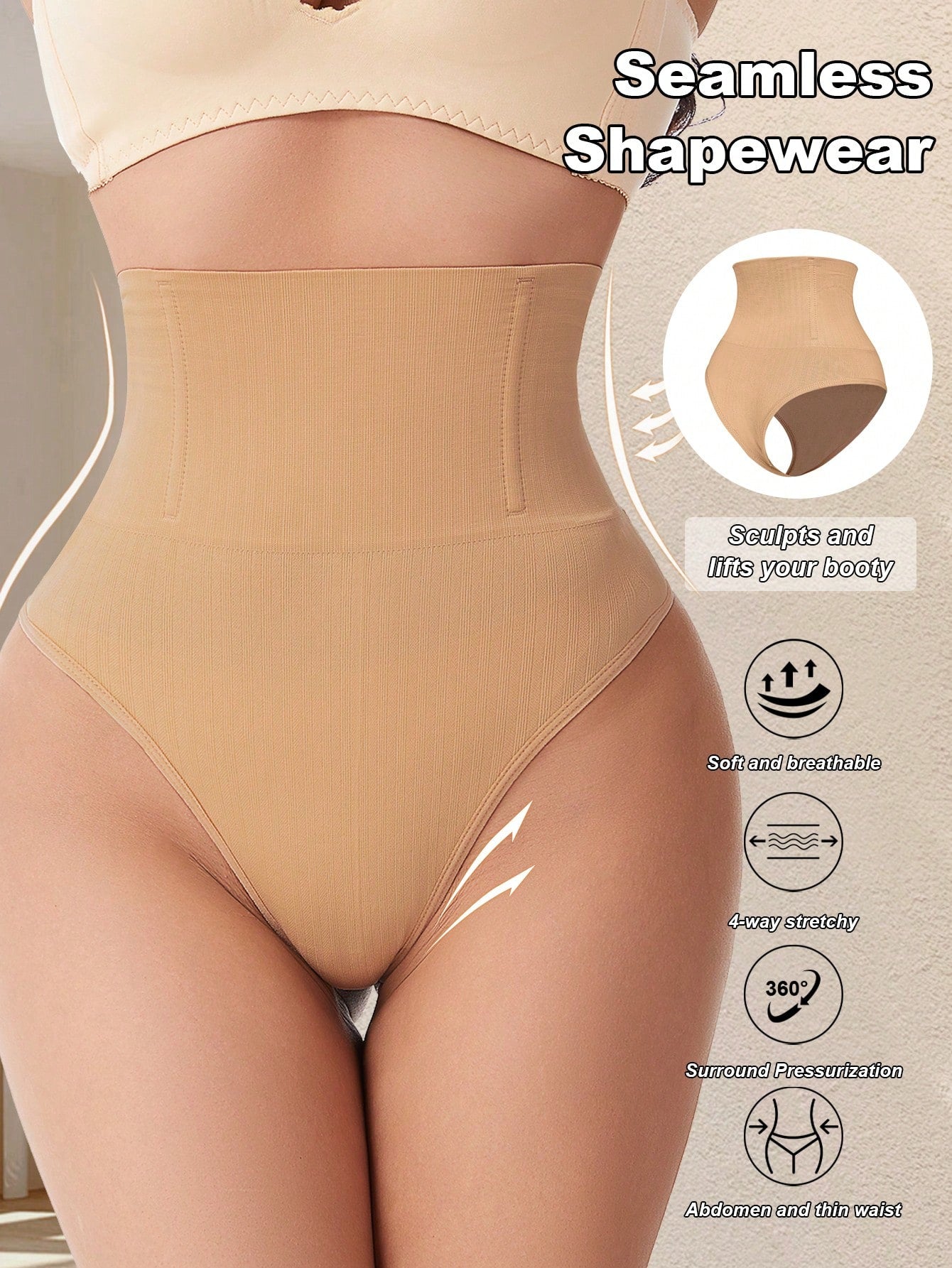 Apricot high waist seamless shaping panties for women displaying tummy control design.
