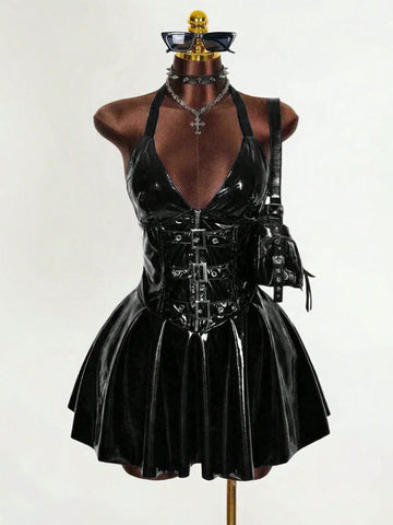 Women's black Goth PU leather mini dress featuring a backless halter neckline, cold shoulder detail, and flared hem.