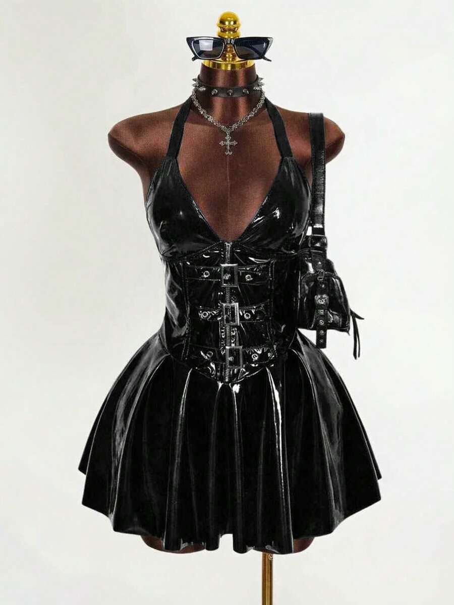 Women's black Goth PU leather mini dress featuring a backless halter neckline, cold shoulder detail, and flared hem.
