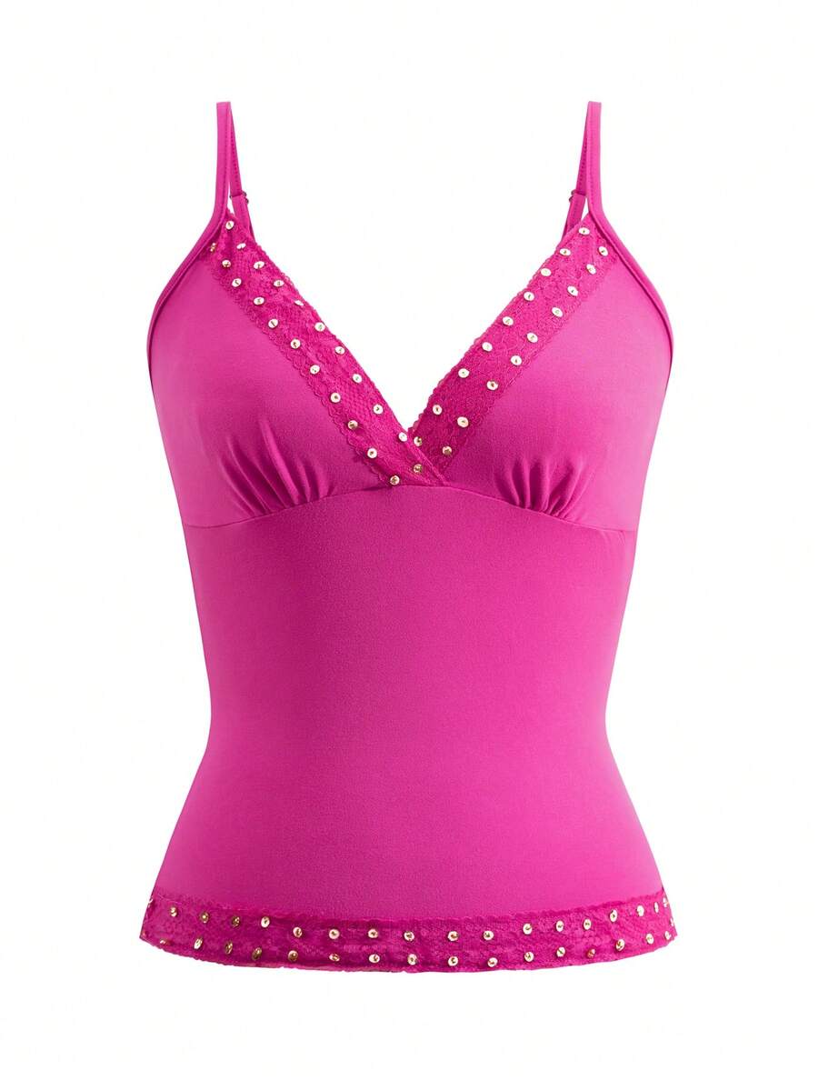 Women's deep V-neck camisole top featuring contrast hollow lace trim, cutout detail, and thin spaghetti straps.