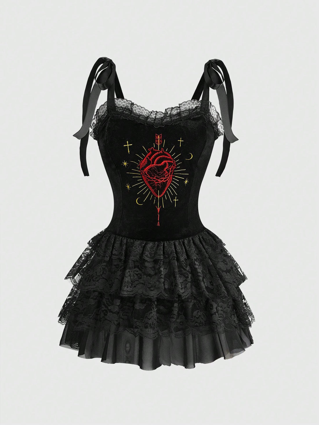 Women's black gothic cami mini dress featuring swan embroidery, contrast lace detailing, shoulder straps, and an asymmetrical hem.
