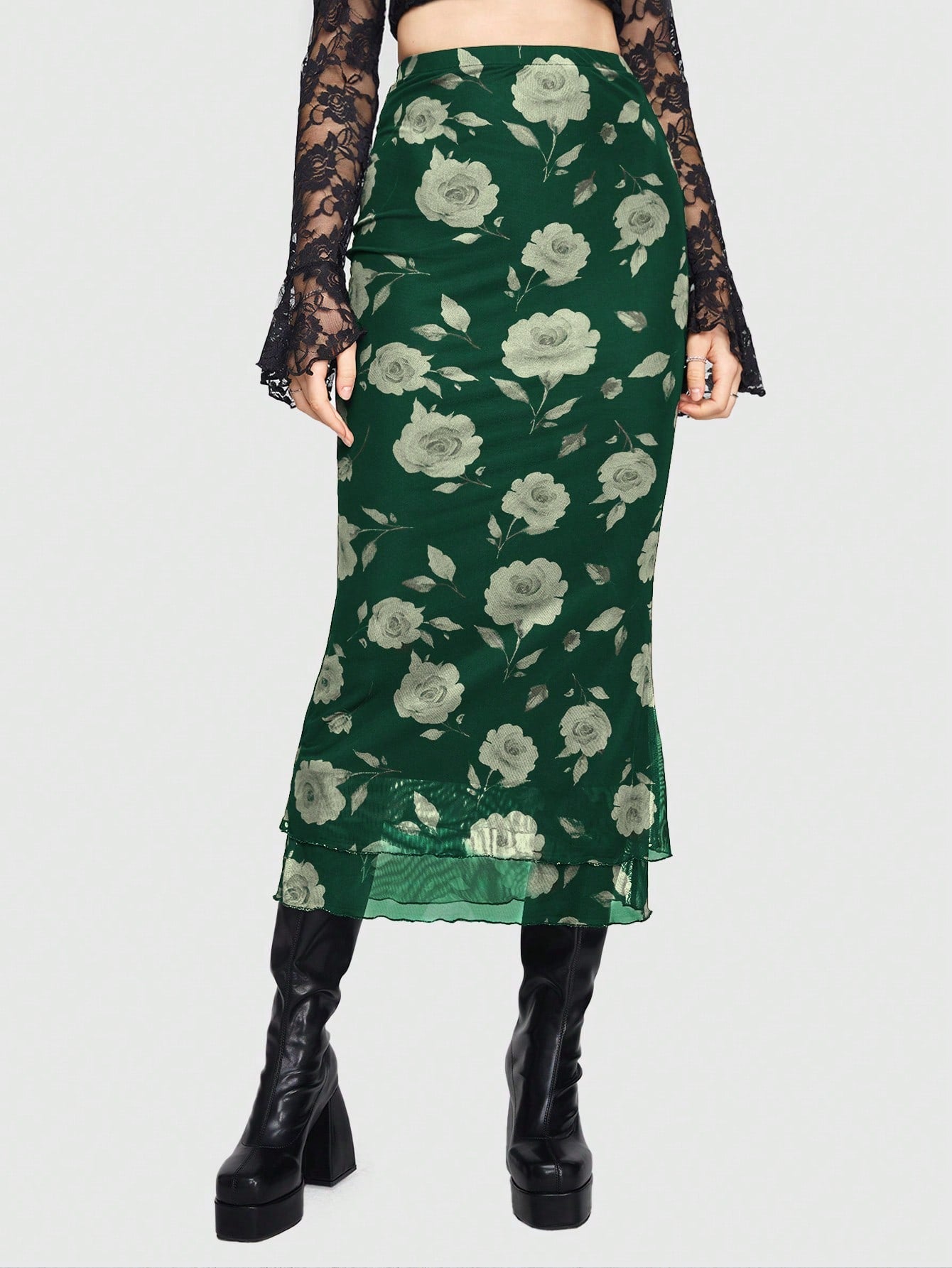 Women's Floral Pattern Mesh Skirt in black featuring a high waist, long mermaid cut, side split, and ruffle lettuce trim.