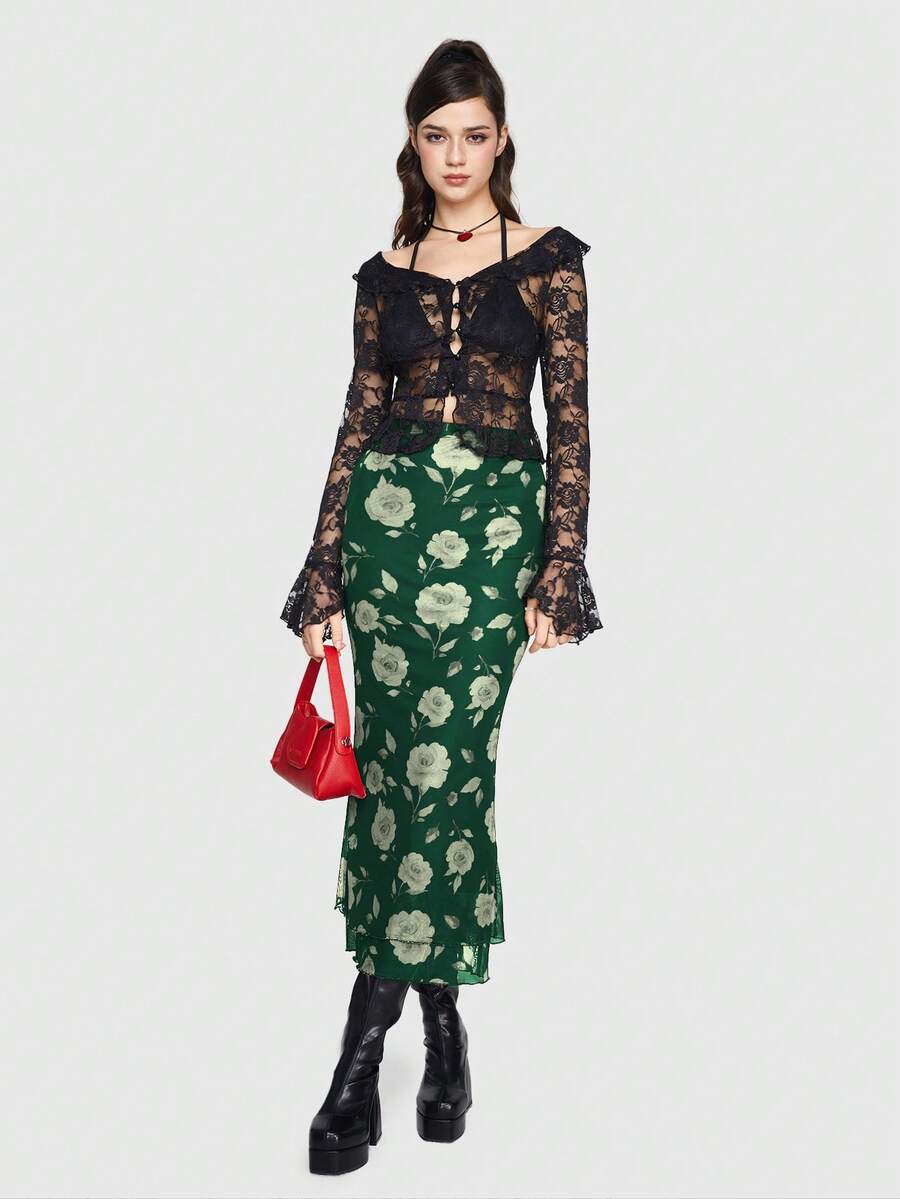 Women's Floral Pattern Mesh Skirt in black featuring a high waist, long mermaid cut, side split, and ruffle lettuce trim.