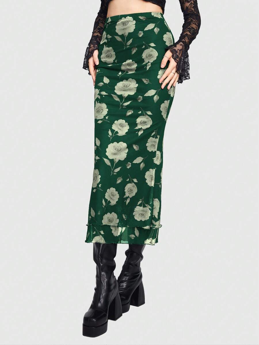 Women's Floral Pattern Mesh Skirt in black featuring a high waist, long mermaid cut, side split, and ruffle lettuce trim.
