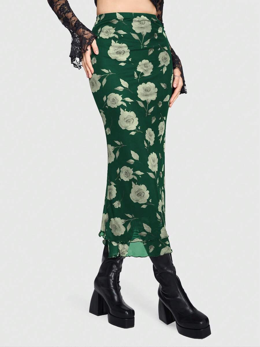 Women's Floral Pattern Mesh Skirt in black featuring a high waist, long mermaid cut, side split, and ruffle lettuce trim.