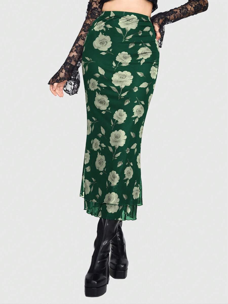 Women's Floral Pattern Mesh Skirt in black featuring a high waist, long mermaid cut, side split, and ruffle lettuce trim.