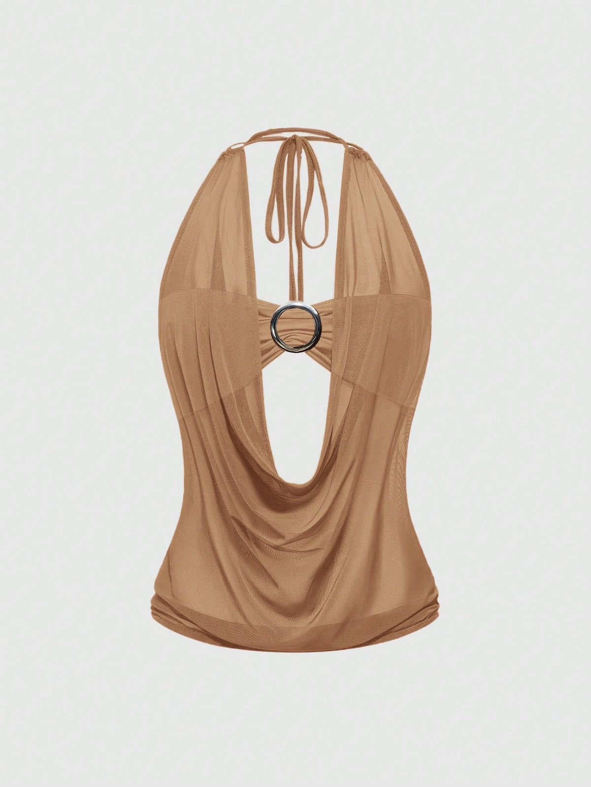Women's cowl neck halter crop tank top featuring a draped backless design and matching bandeau inner layer.