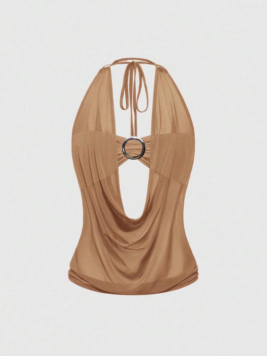 Women's cowl neck halter crop tank top featuring a draped backless design and matching bandeau inner layer.