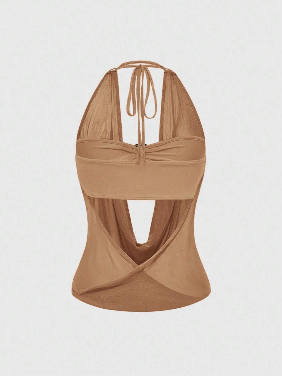 Women's cowl neck halter crop tank top featuring a draped backless design and matching bandeau inner layer.