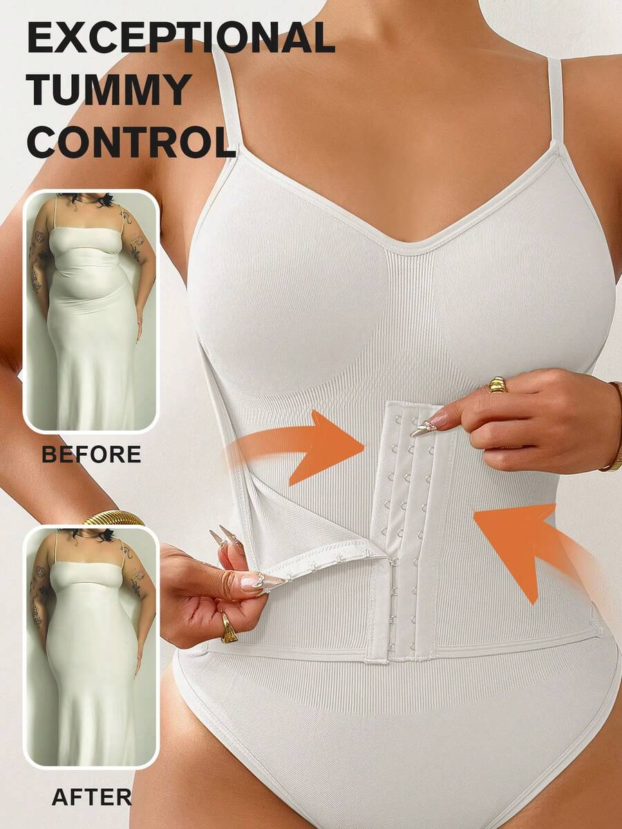 Women's backless waist shaping shapewear bodysuit in black featuring high stretch fabric and ultra light tummy support.