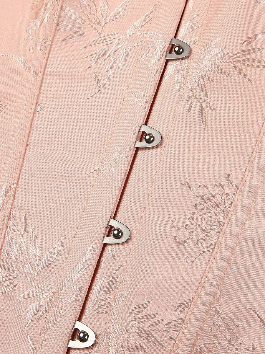 Women’s strapless corset bustier top with front button detail, lace-up back, frill accents, slim fit, and asymmetrical hem.