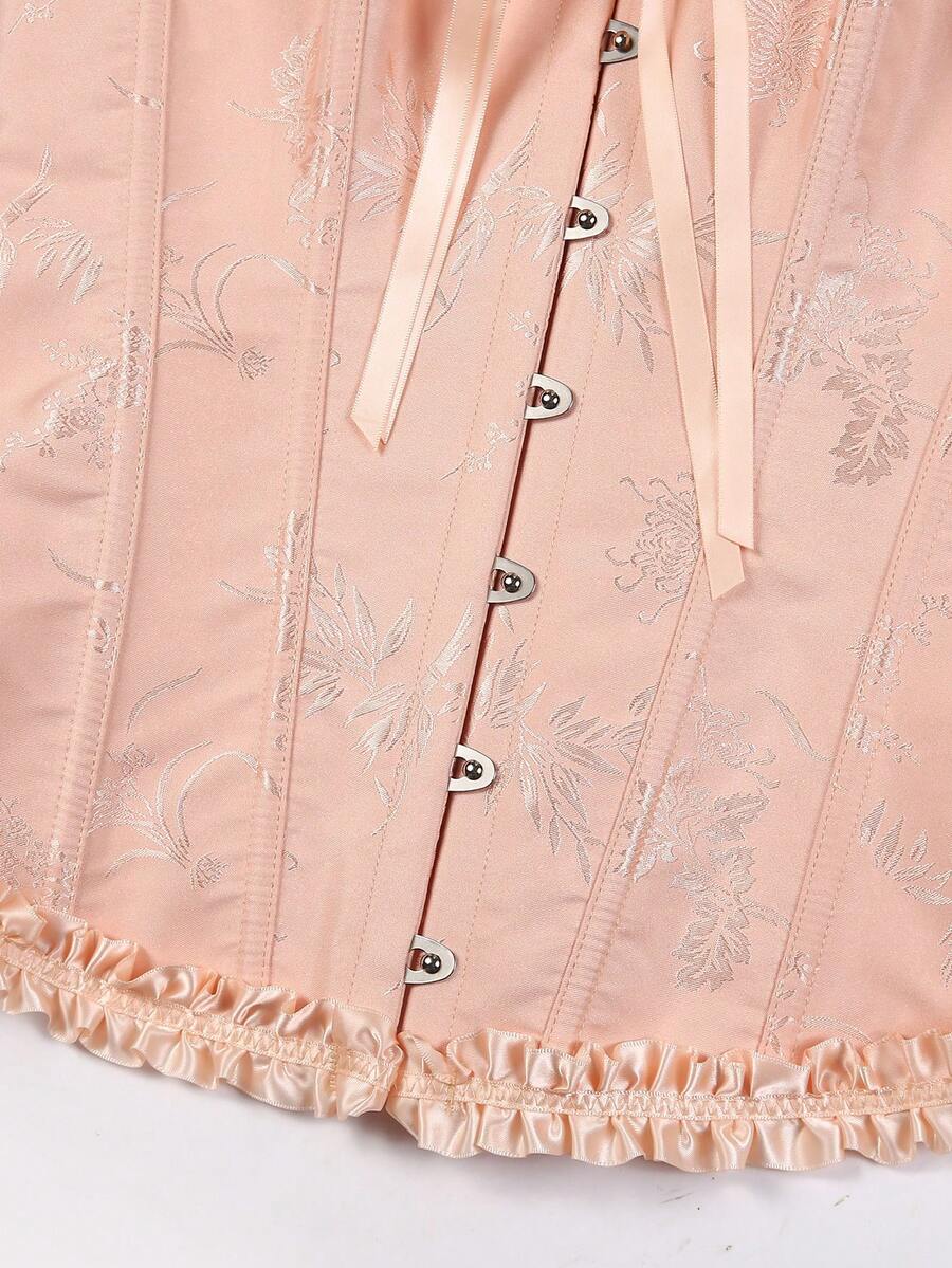 Women’s strapless corset bustier top with front button detail, lace-up back, frill accents, slim fit, and asymmetrical hem.