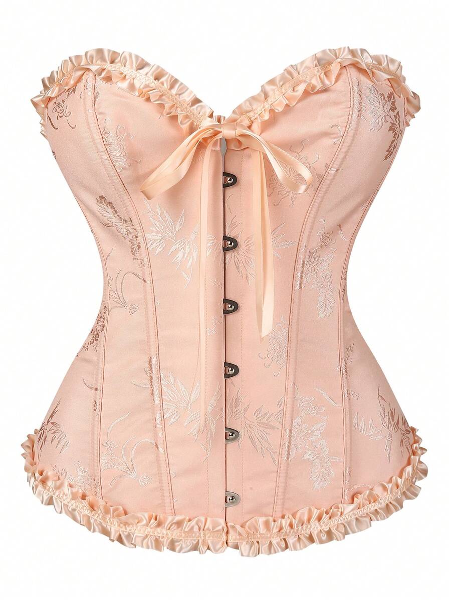 Women’s strapless corset bustier top with front button detail, lace-up back, frill accents, slim fit, and asymmetrical hem.
