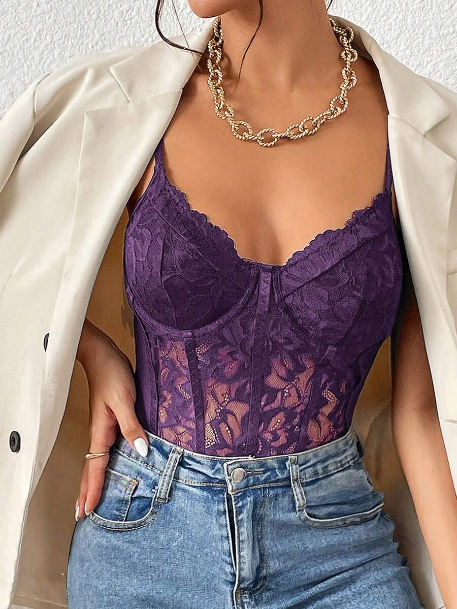 Apricot lace patchwork bodysuit for women featuring contrast corset detailing and spaghetti straps.