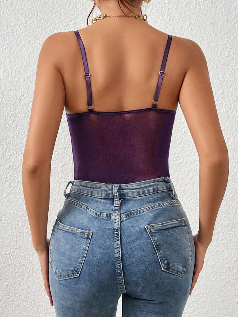 Apricot lace patchwork bodysuit for women featuring contrast corset detailing and spaghetti straps.