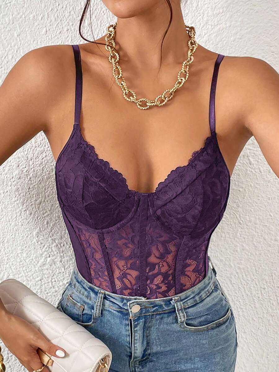 Apricot lace patchwork bodysuit for women featuring contrast corset detailing and spaghetti straps.