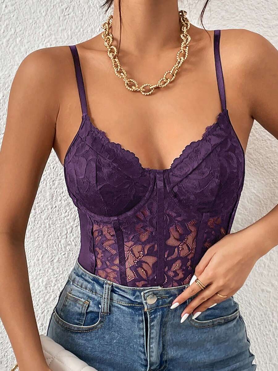 Apricot lace patchwork bodysuit for women featuring contrast corset detailing and spaghetti straps.