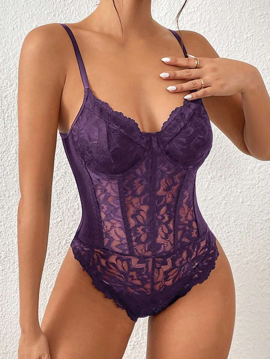 Apricot lace patchwork bodysuit for women featuring contrast corset detailing and spaghetti straps.