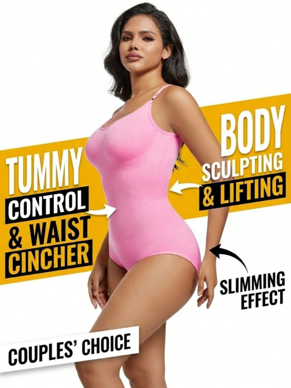 Black seamless V-neck shapewear bodysuit for women featuring backless design and tummy control