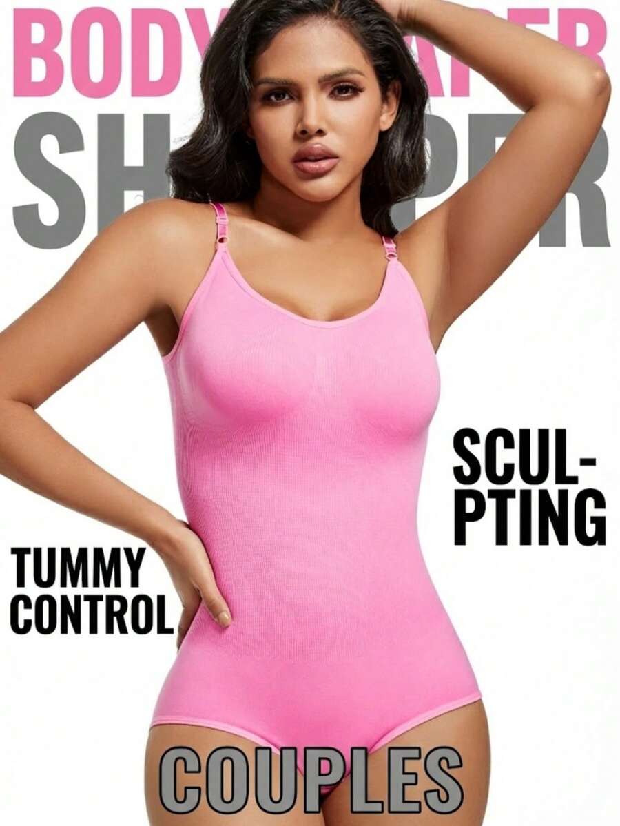 Black seamless V-neck shapewear bodysuit for women featuring backless design and tummy control