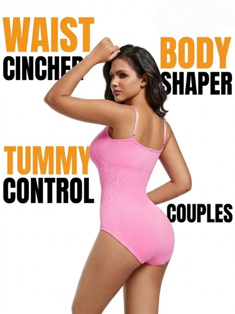 Black seamless V-neck shapewear bodysuit for women featuring backless design and tummy control