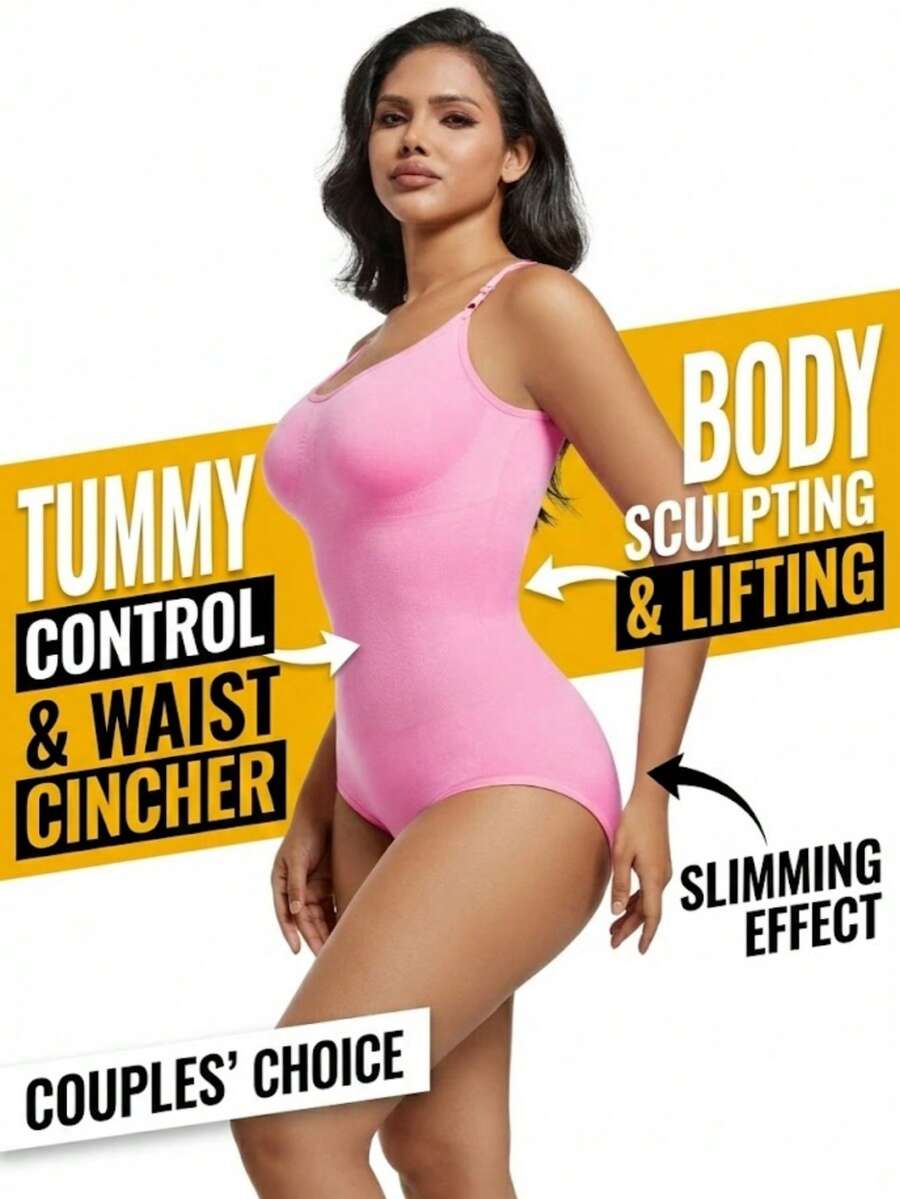 Black seamless V-neck shapewear bodysuit for women featuring backless design and tummy control