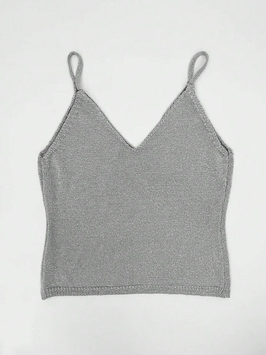 Grey rib-knit camisole top featuring a V-neckline and thin spaghetti straps for women.