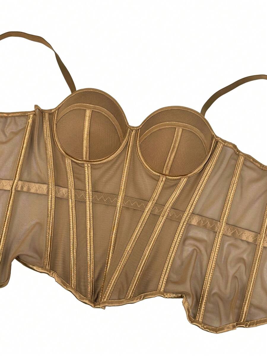 Women's brown backless corset camisole top featuring spaghetti straps, boned structure, and slim fit silhouette.