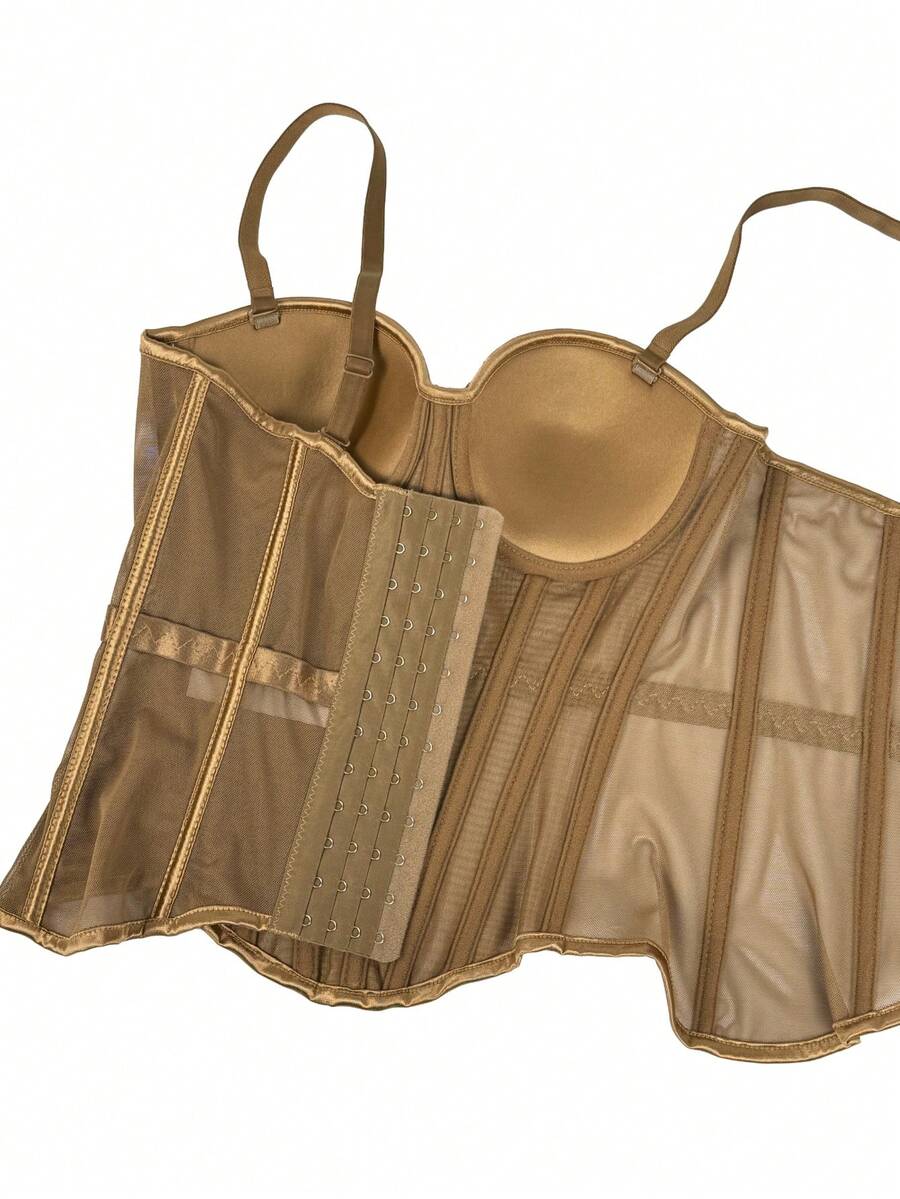 Women's brown backless corset camisole top featuring spaghetti straps, boned structure, and slim fit silhouette.