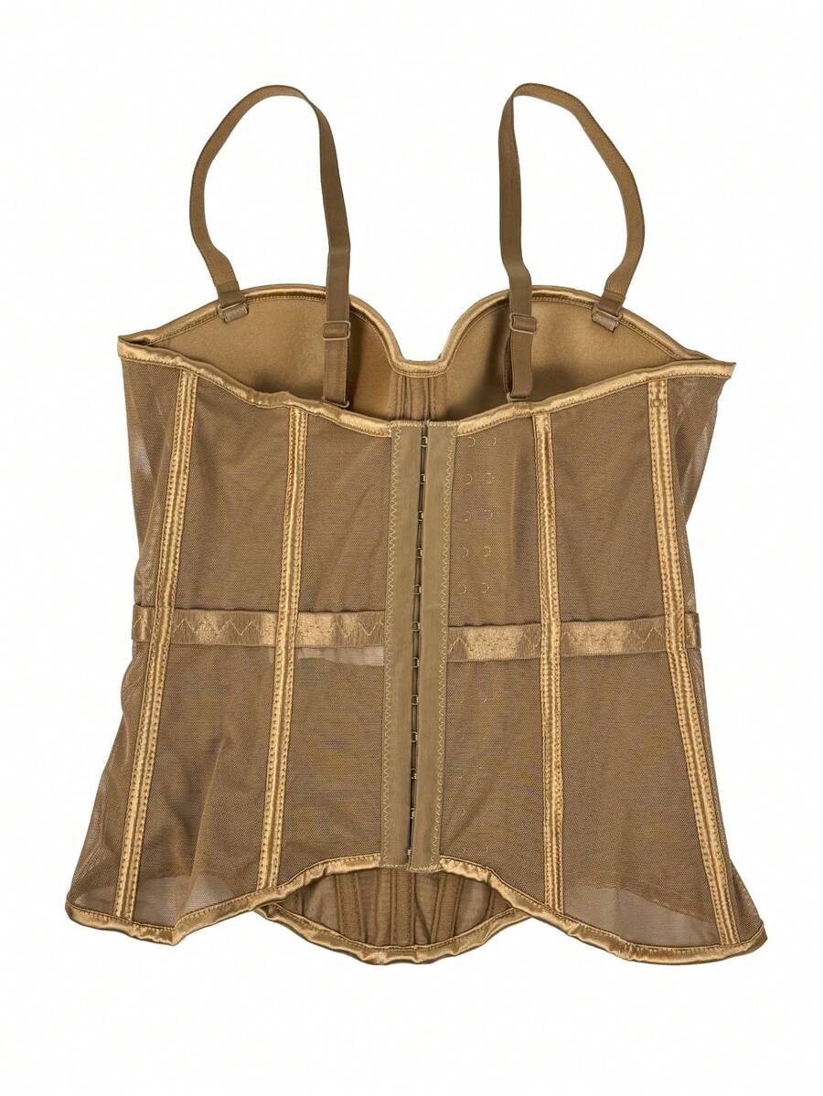 Women's brown backless corset camisole top featuring spaghetti straps, boned structure, and slim fit silhouette.