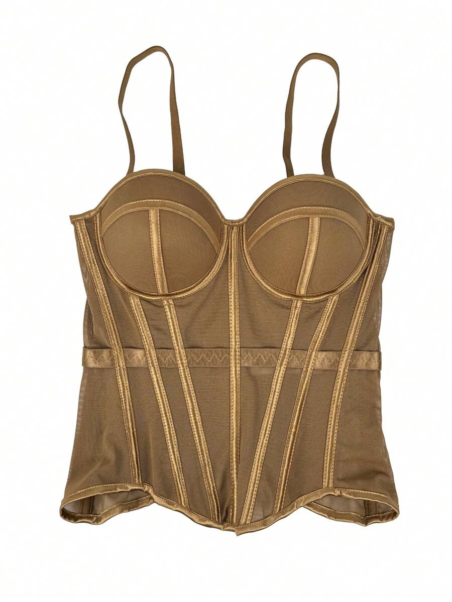 Women's brown backless corset camisole top featuring spaghetti straps, boned structure, and slim fit silhouette.