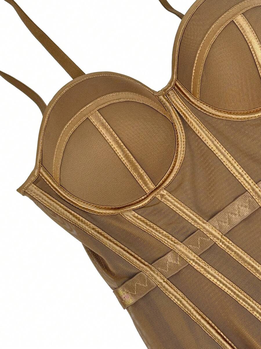 Women's brown backless corset camisole top featuring spaghetti straps, boned structure, and slim fit silhouette.